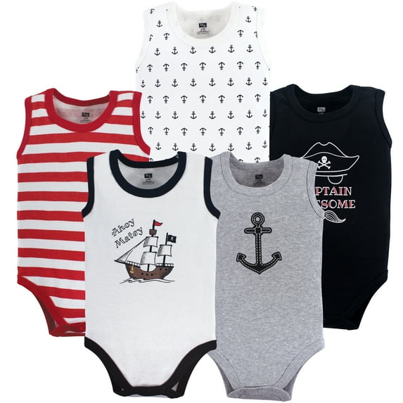 Luvable Friends Hudson Baby Sleeveless Bodysuits 5pk, Pirate Anchor, 6-9M