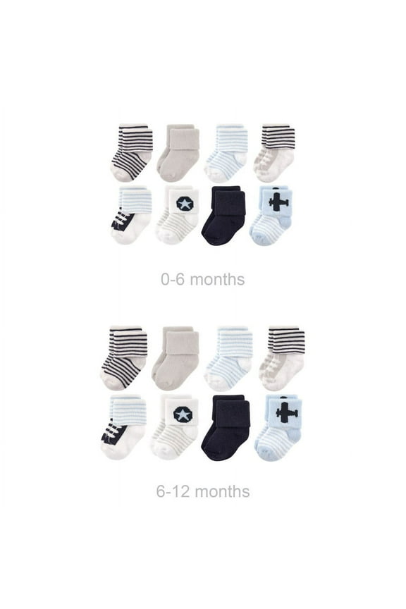 Infant Boy Grow with Me Cotton Terry Socks, Blue Airplane, 0-6 and 6-12 Months