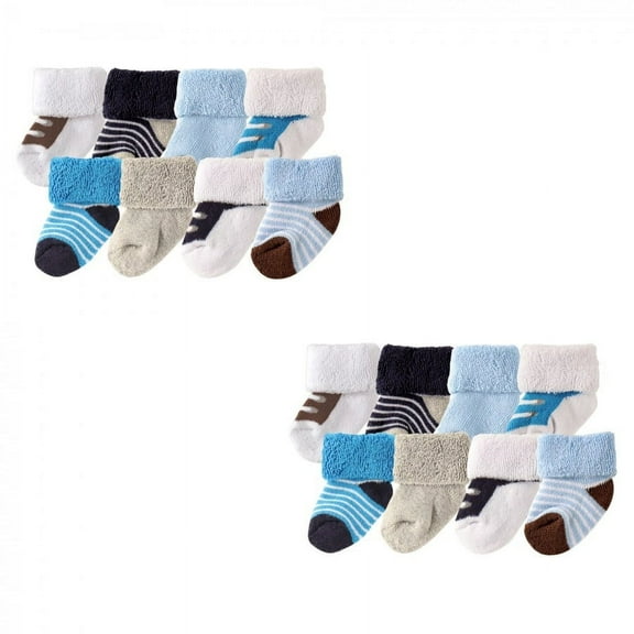 Luvable Friends Infant Boy Newborn and Baby Terry Socks, Blue Brown 16-Piece, 0-6 Months