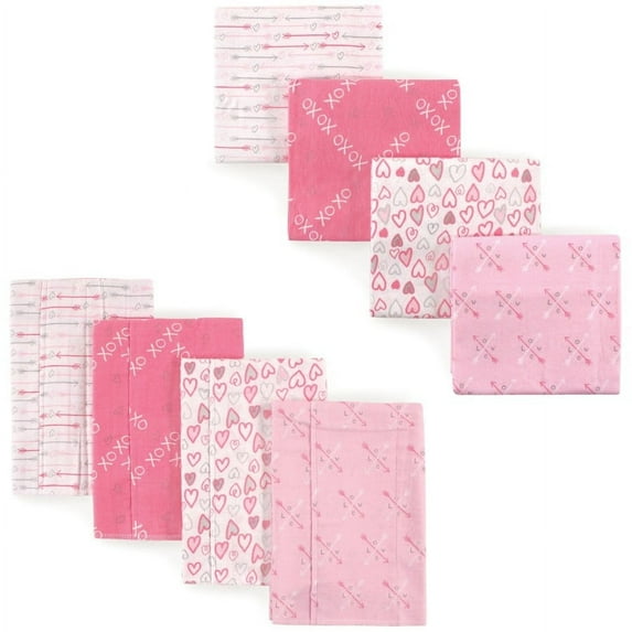 Luvable Friends Infant Girl Cotton Flannel Burp Cloths and Receiving Blankets, 8-Piece, Love, One Size