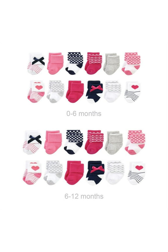 Infant Girl Grow with Me Cotton Terry Socks, Bows, 0-6 and 6-12 Months