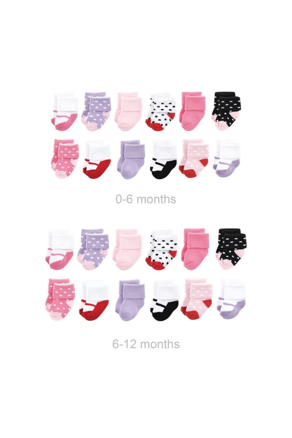Infant Girl Grow with Me Cotton Terry Socks, Coral Lilac Mary Janes, 0-6 and 6-12 Months