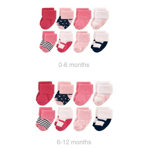 Luvable Friends Infant Girl Grow with Me Cotton Terry Socks, Navy Mary Jane, 0-6 and 6-12 Months