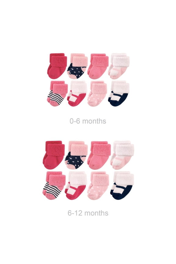 Infant Girl Grow with Me Cotton Terry Socks, Navy Mary Jane, 0-6 and 6-12 Months