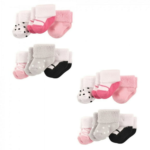 Luvable Friends Infant Girl Newborn and Baby Socks Set, Pink Black Shoes 12-Piece, 0-3 Months