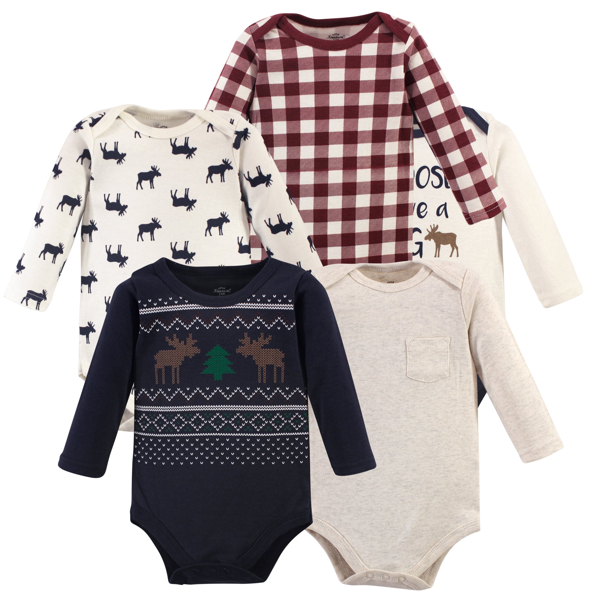 Luvable Friends Little Treasure Long-Sleeve Bodysuits 5pk, Forest Moose Sweater, 3-6M