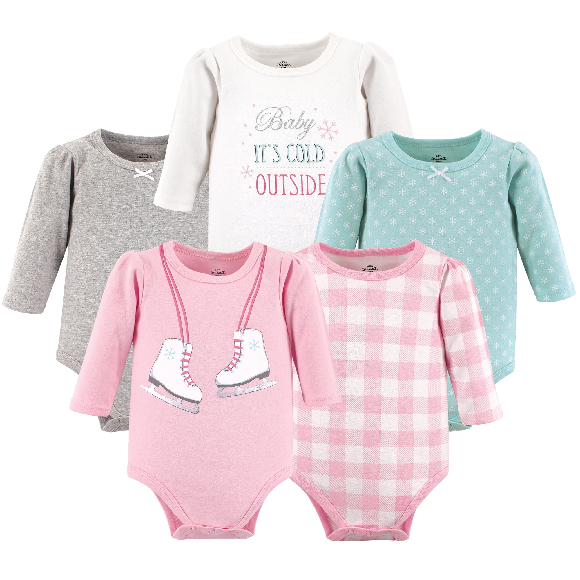 Luvable Friends Little Treasure Long-Sleeve Bodysuits 5pk, Frosty Skates, 3-6M