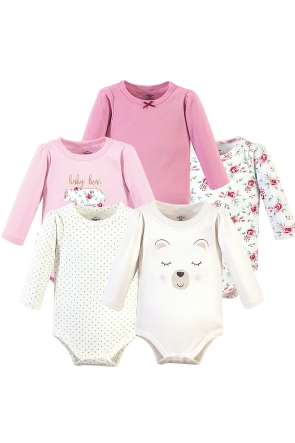 Little Treasure Long-Sleeve Bodysuits 5pk, Pink Bear Blossoms, 3-6M