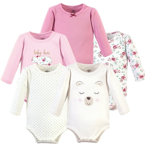 Luvable Friends Little Treasure Long-Sleeve Bodysuits 5pk, Pink Bear Blossoms, 9-12M