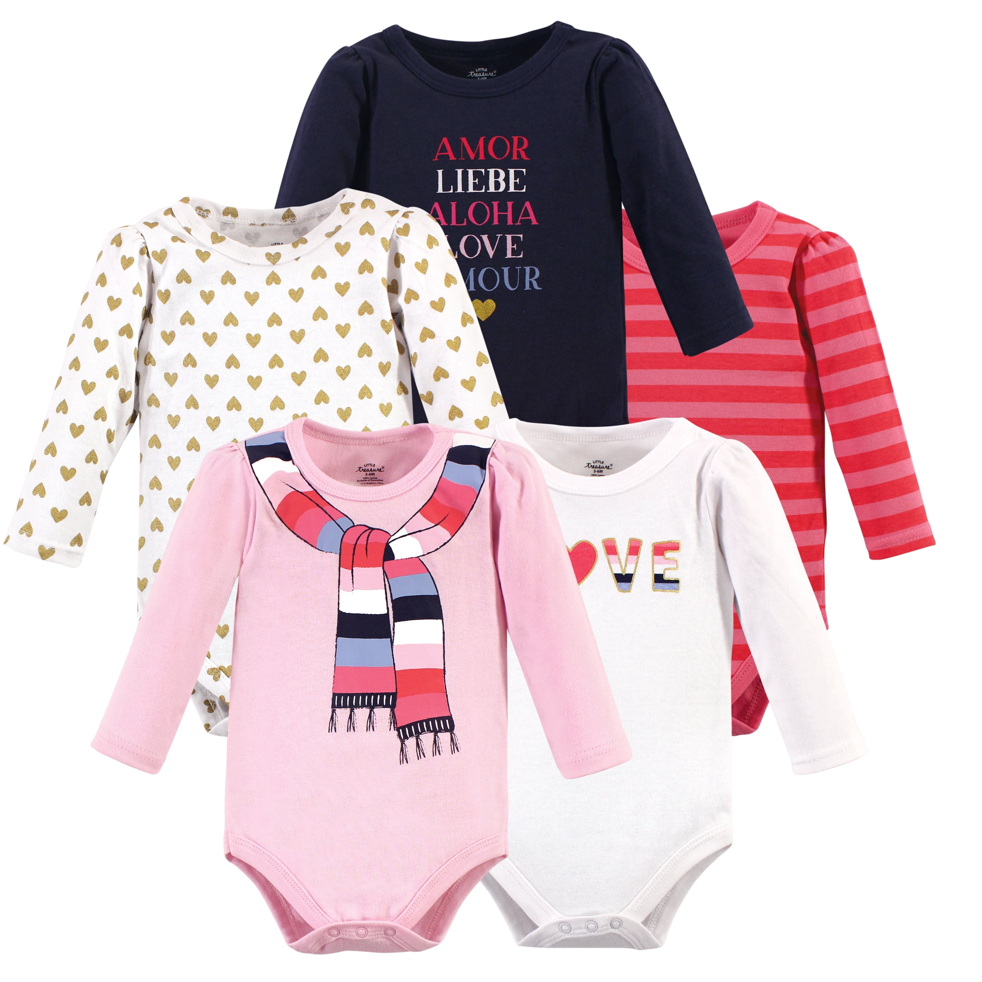 Luvable Friends Little Treasure Long-Sleeve Bodysuits 5pk, Pink Scarf, 9-12M