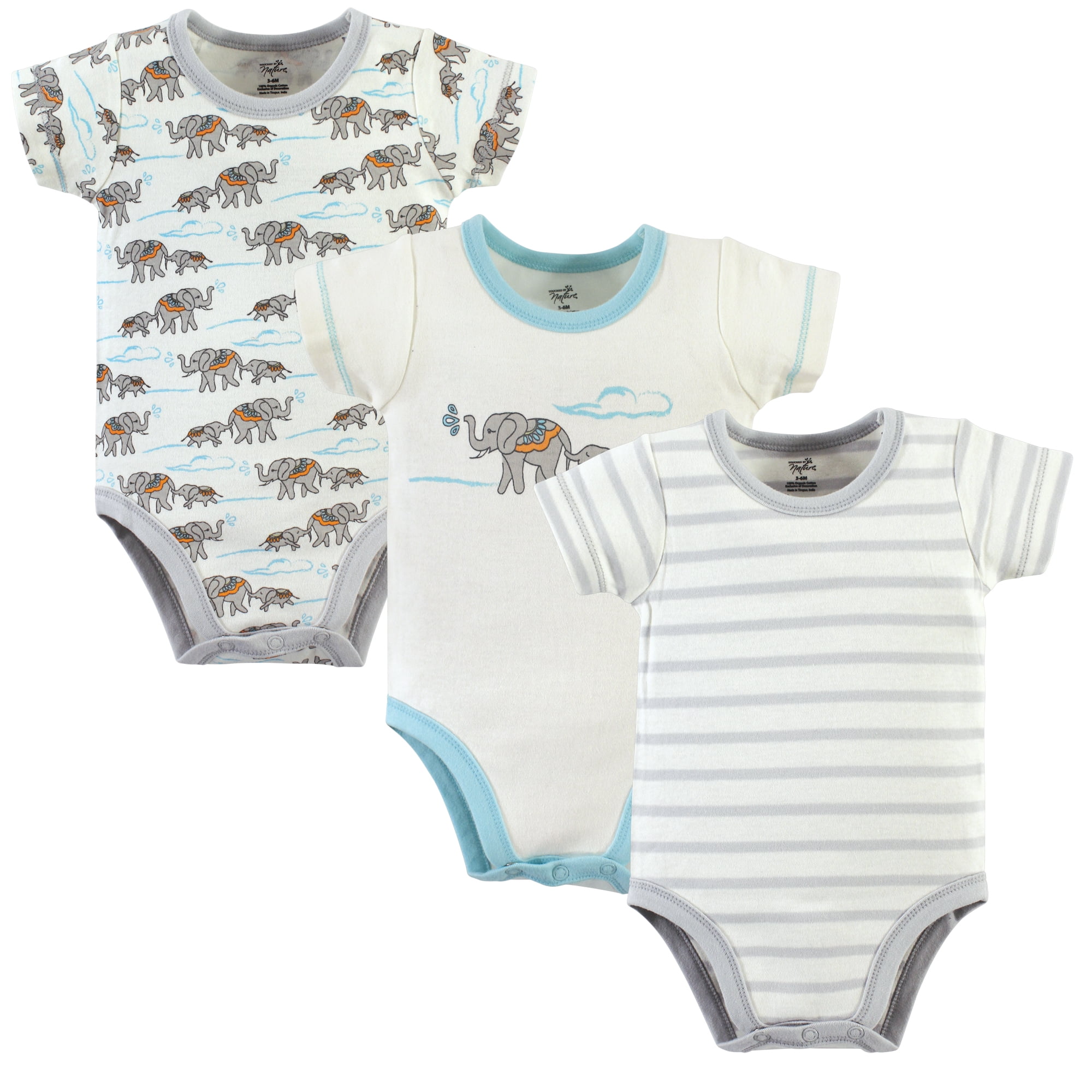 Luvable Friends Touched by Nature Bodysuits 3pk, Elephant Meadow, 3-6M
