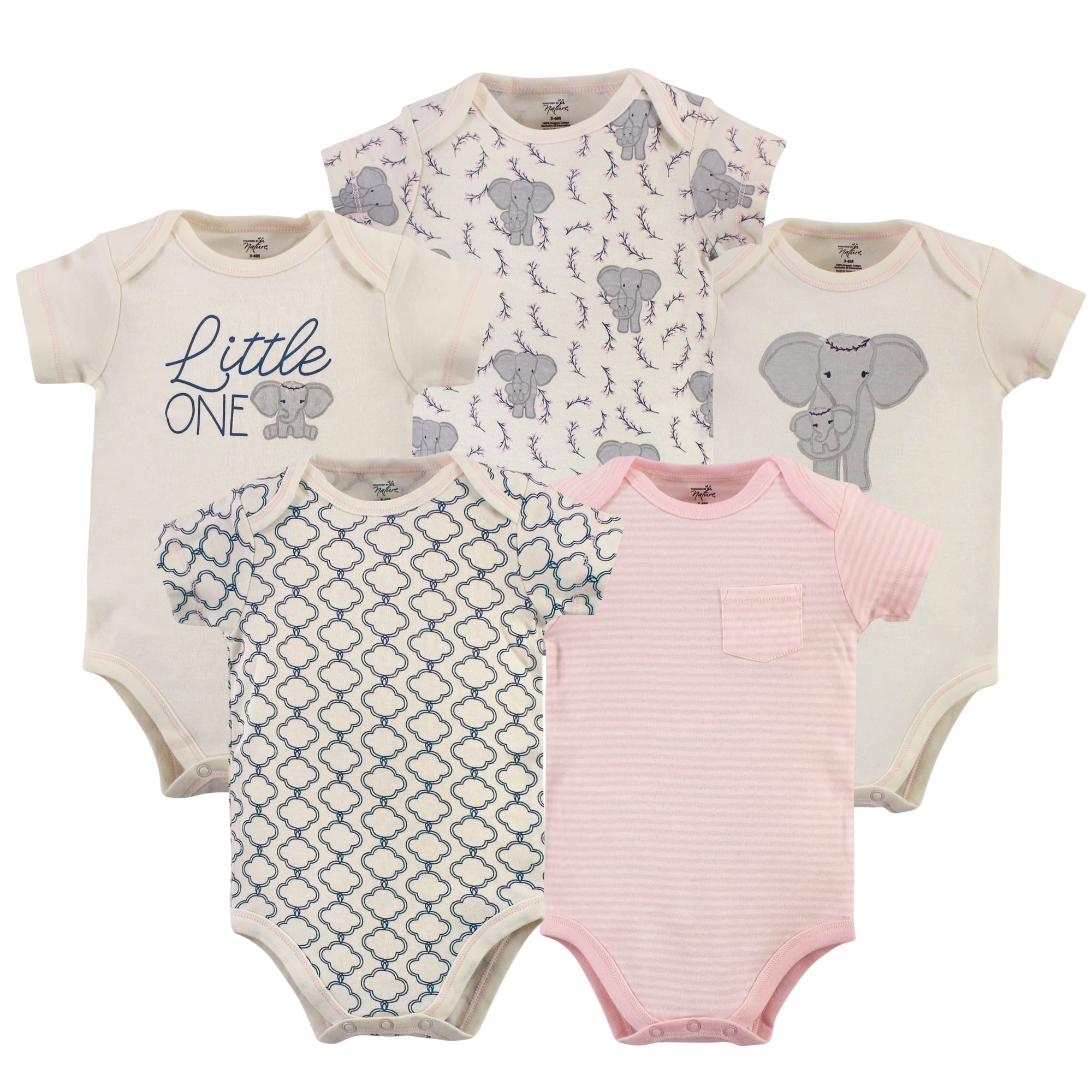 Luvable Friends Touched by Nature Bodysuits 5pk, Pink Elephant, 18-24M