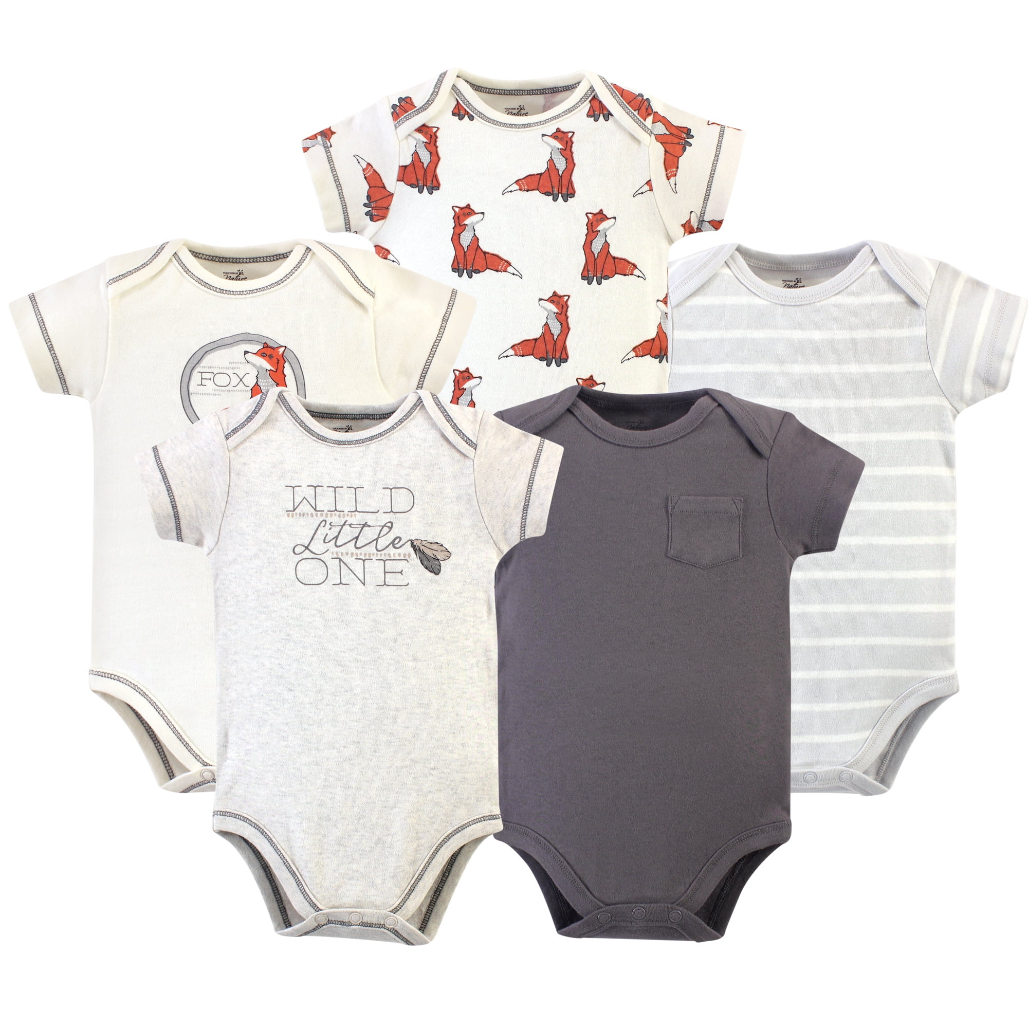 Luvable Friends Touched by Nature Bodysuits 5pk, Rustic Fox Gray, 9-12M