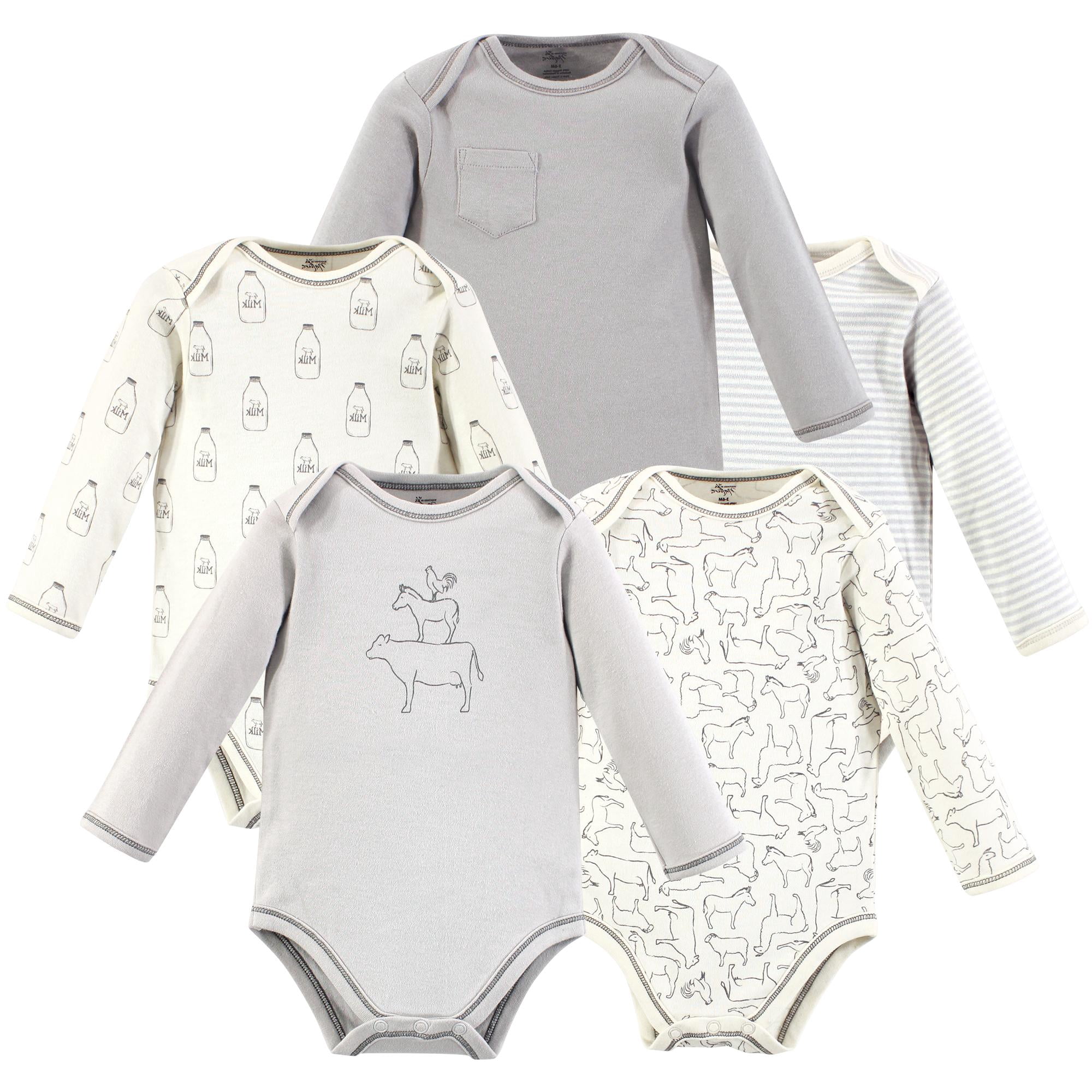 Luvable Friends Touched by Nature Long-Sleeve Bodysuits 5pk, Barnyard Pals, 0-3M