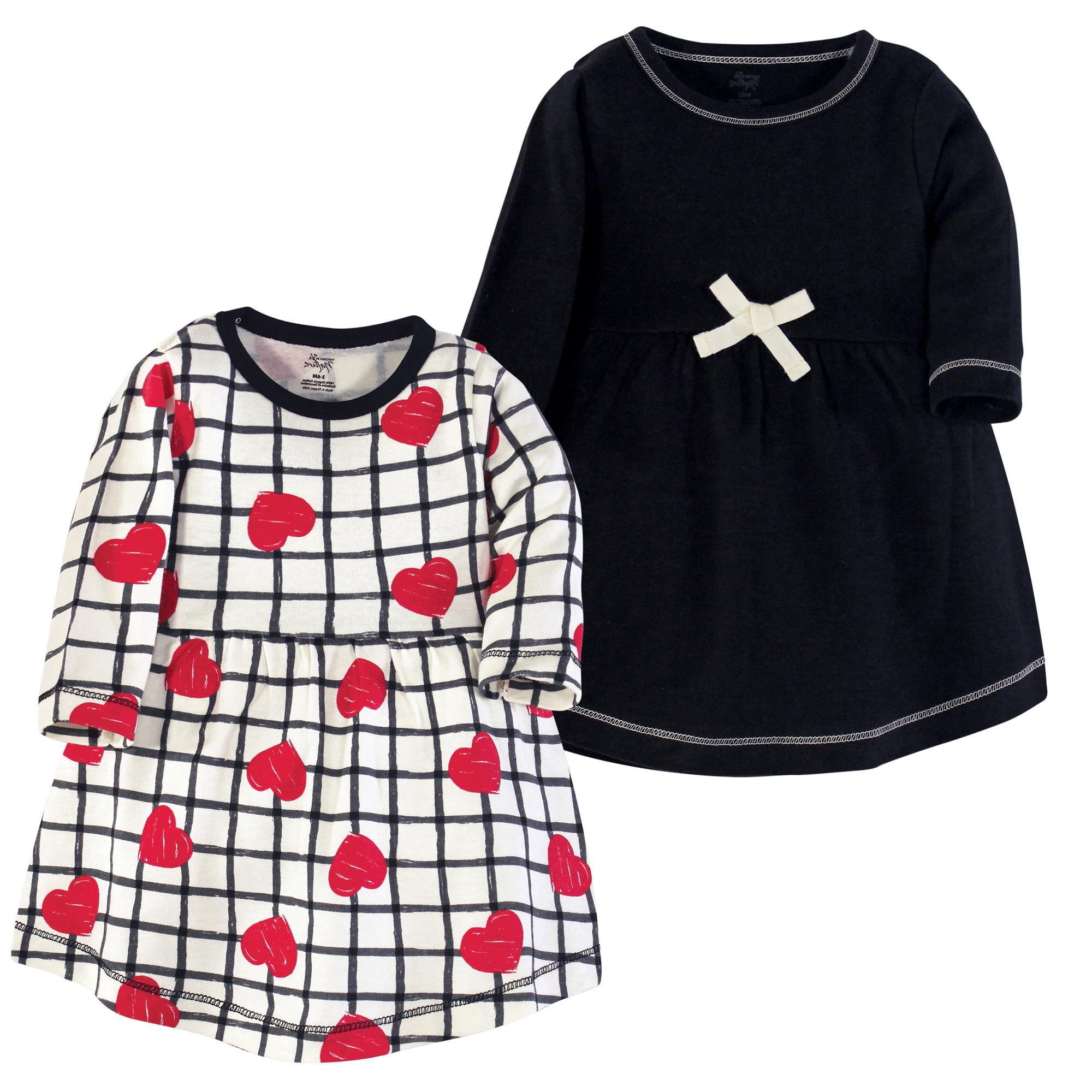 Luvable Friends Touched by Nature Long-Sleeve Dresses 2pk, Black with Scarlett Hearts, 3T