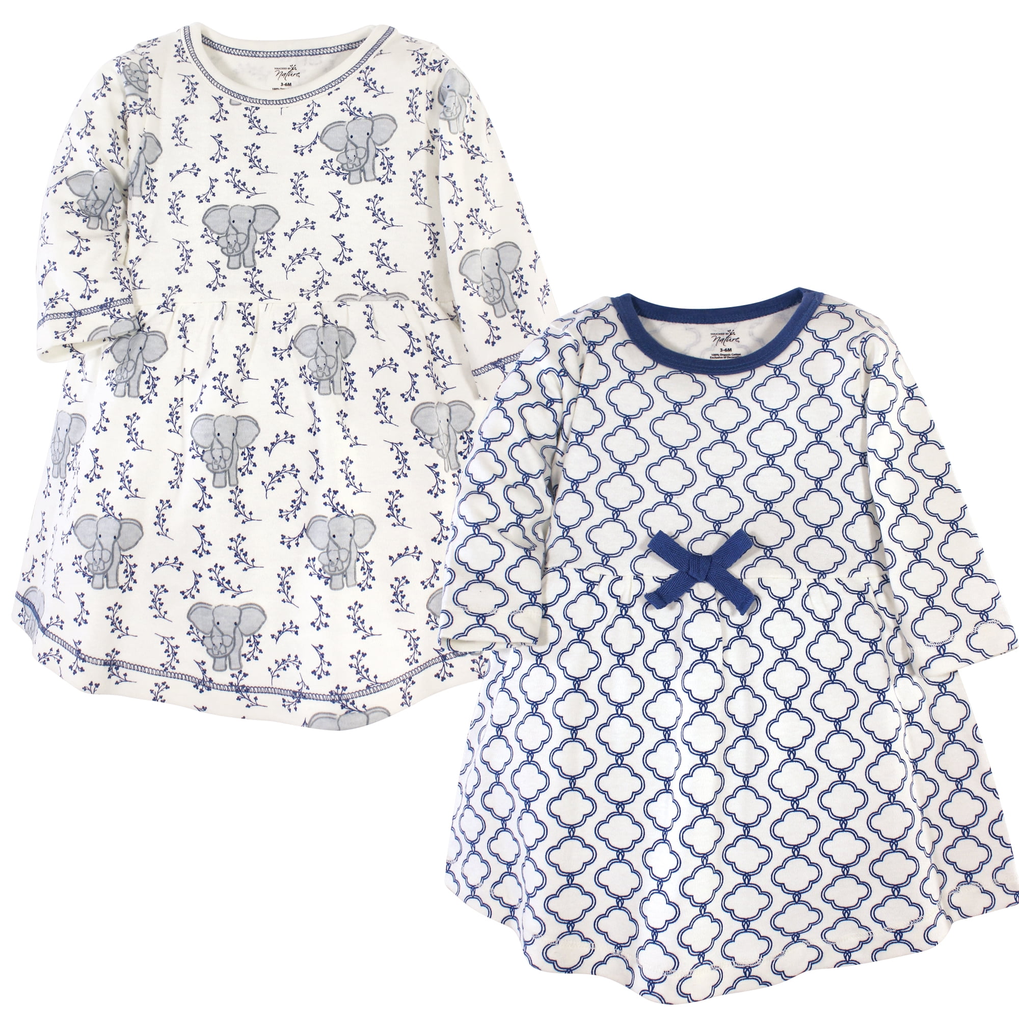 Luvable Friends Touched by Nature Long-Sleeve Dresses 2pk, Gray Elephant, 9-12M