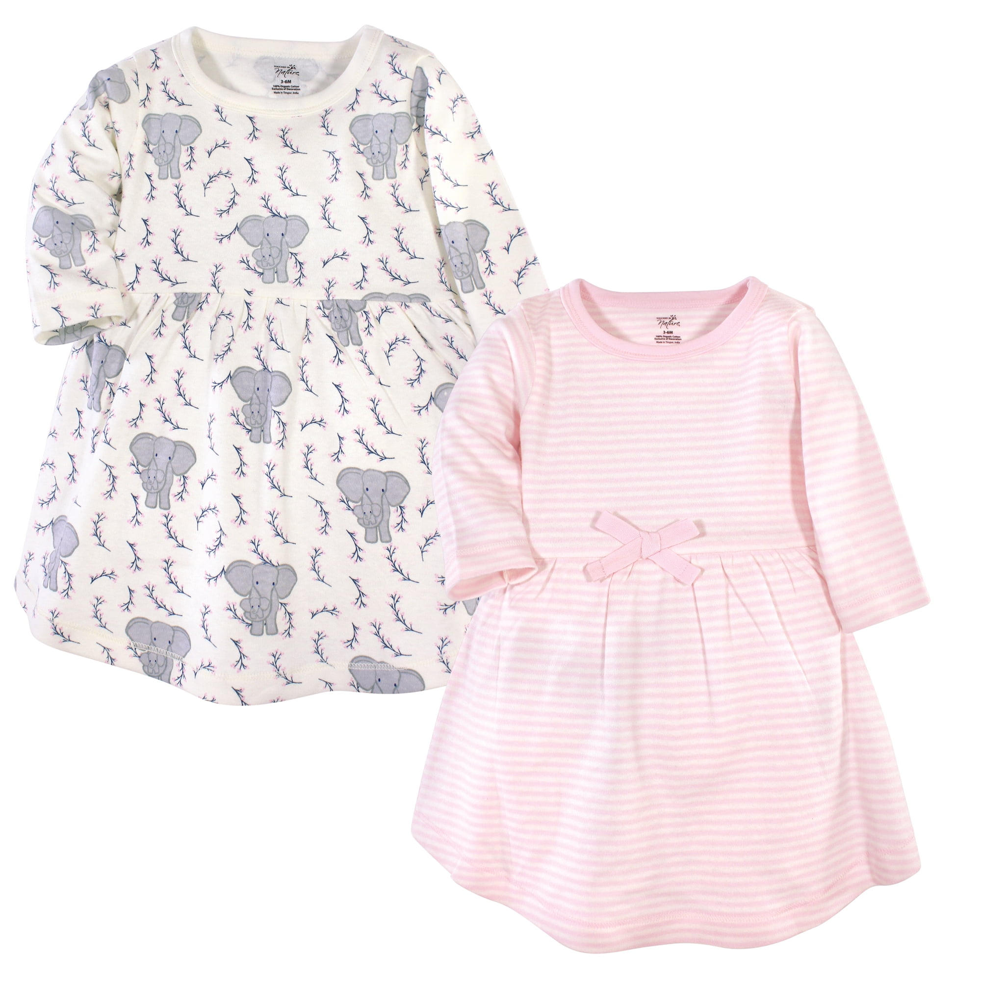Luvable Friends Touched by Nature Long-Sleeve Dresses 2pk, Pink Stripe Elephant, 2T