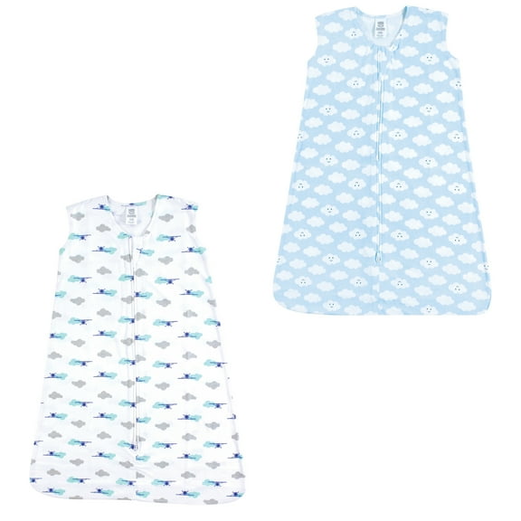 Luvable Friends Unisex Baby Sleeveless Muslin Cotton Sleeping Bag, Sack, Blanket, Airplane Clouds Jersey 2-Pack, 6-12 Months
