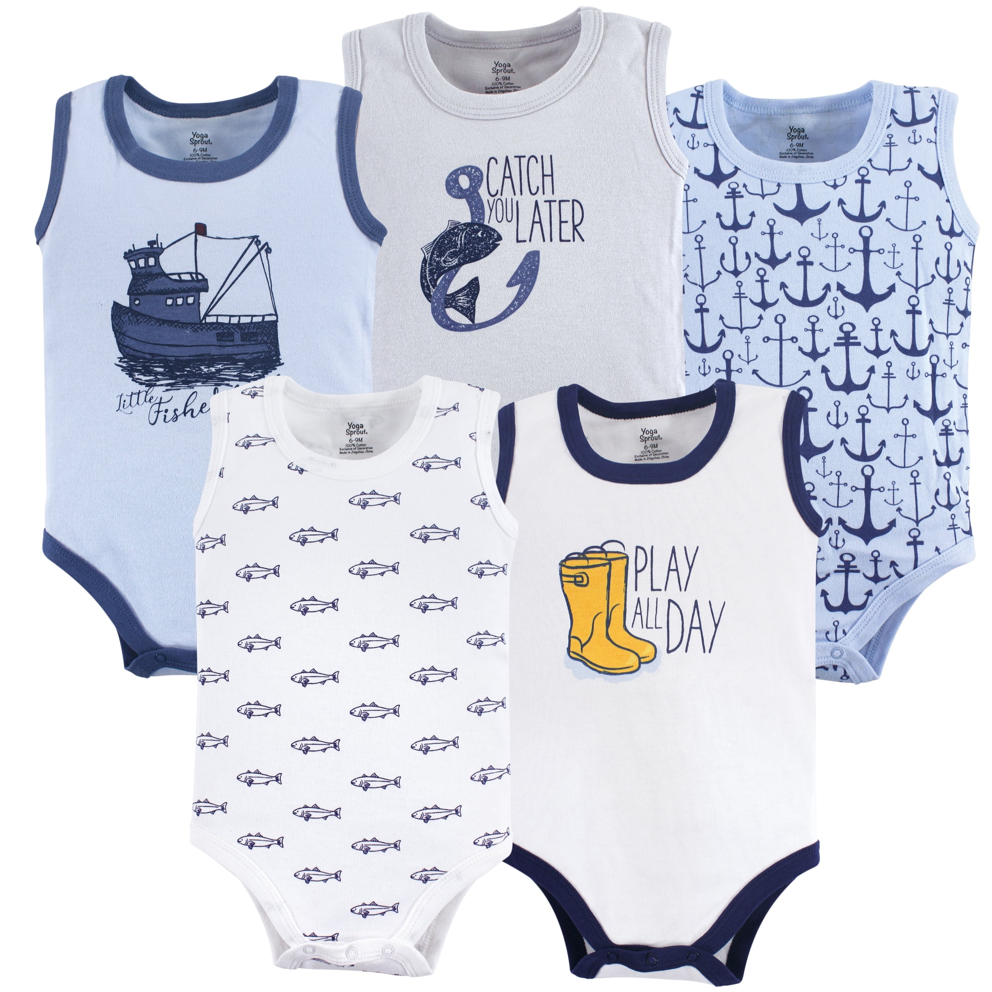 Luvable Friends Yoga Sprout Bodysuits 5pk, Coastal Blue, 12-18M