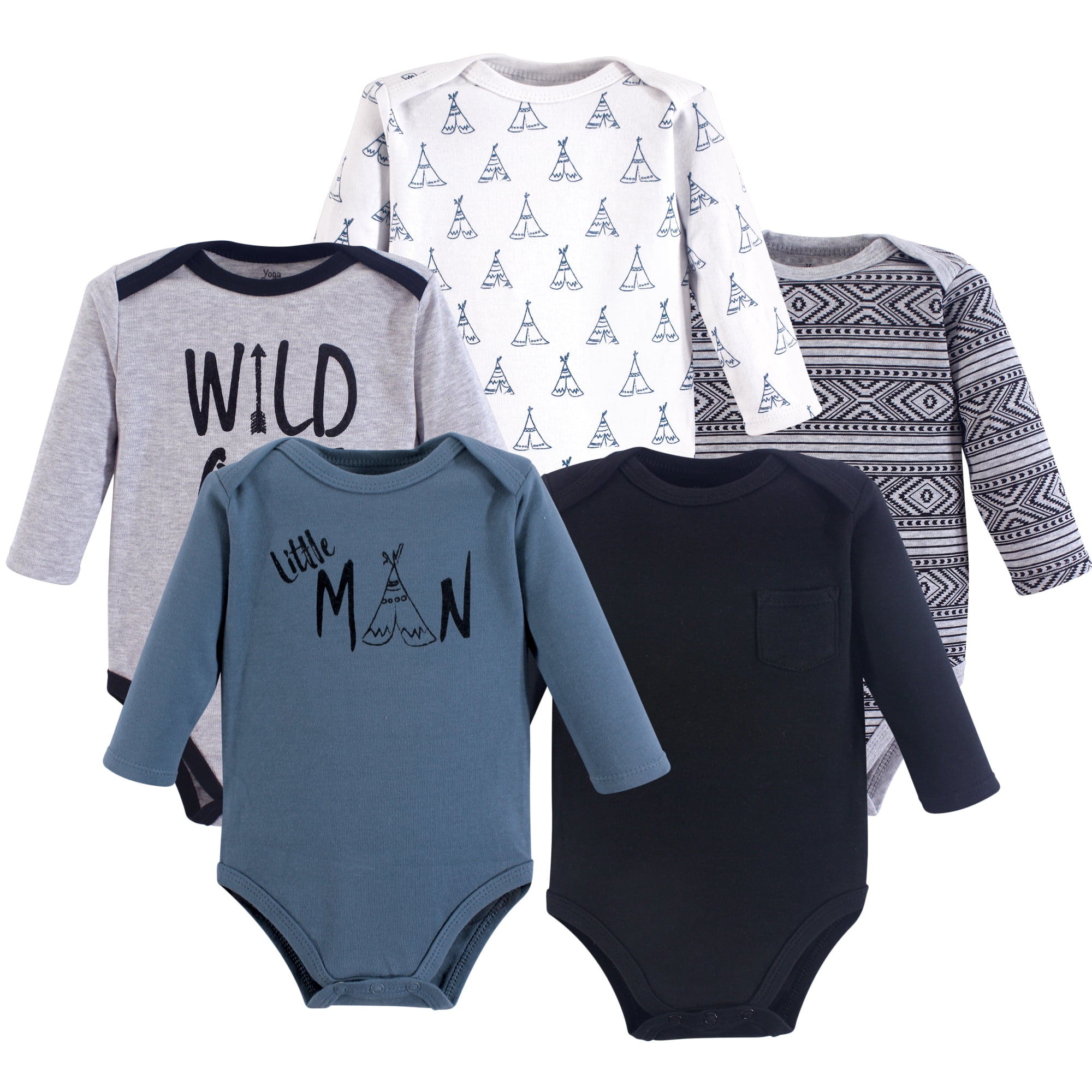 Luvable Friends Yoga Sprout Long-Sleeve Bodysuits 5pk, Little Man, 6-9M
