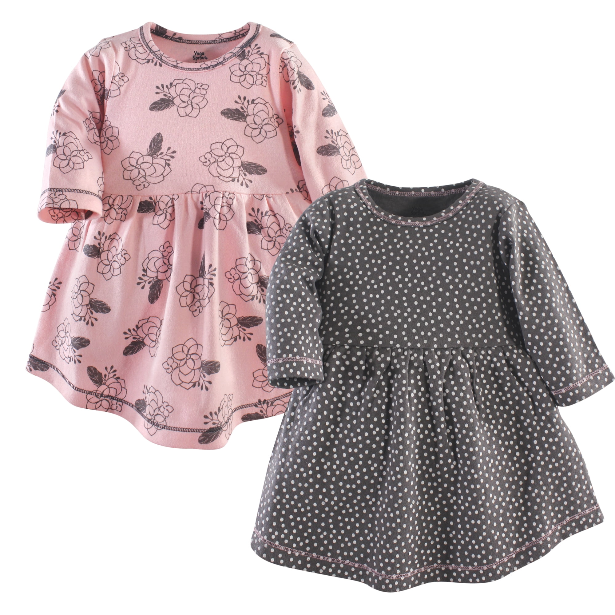 Luvable Friends Yoga Sprout Long-Sleeve Dresses 2pk, Bloom Feather, 12-18M