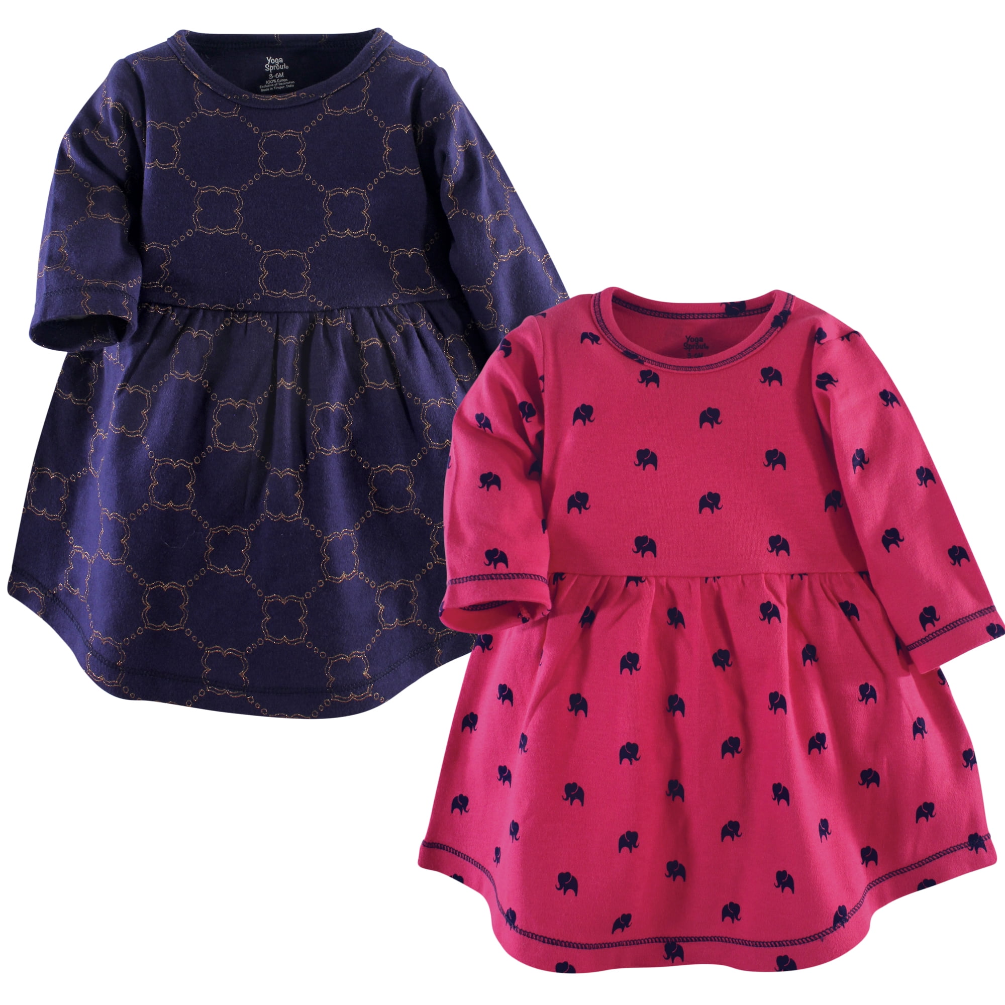 Luvable Friends Yoga Sprout Long-Sleeve Dresses 2pk, Golden Link, 0-3M