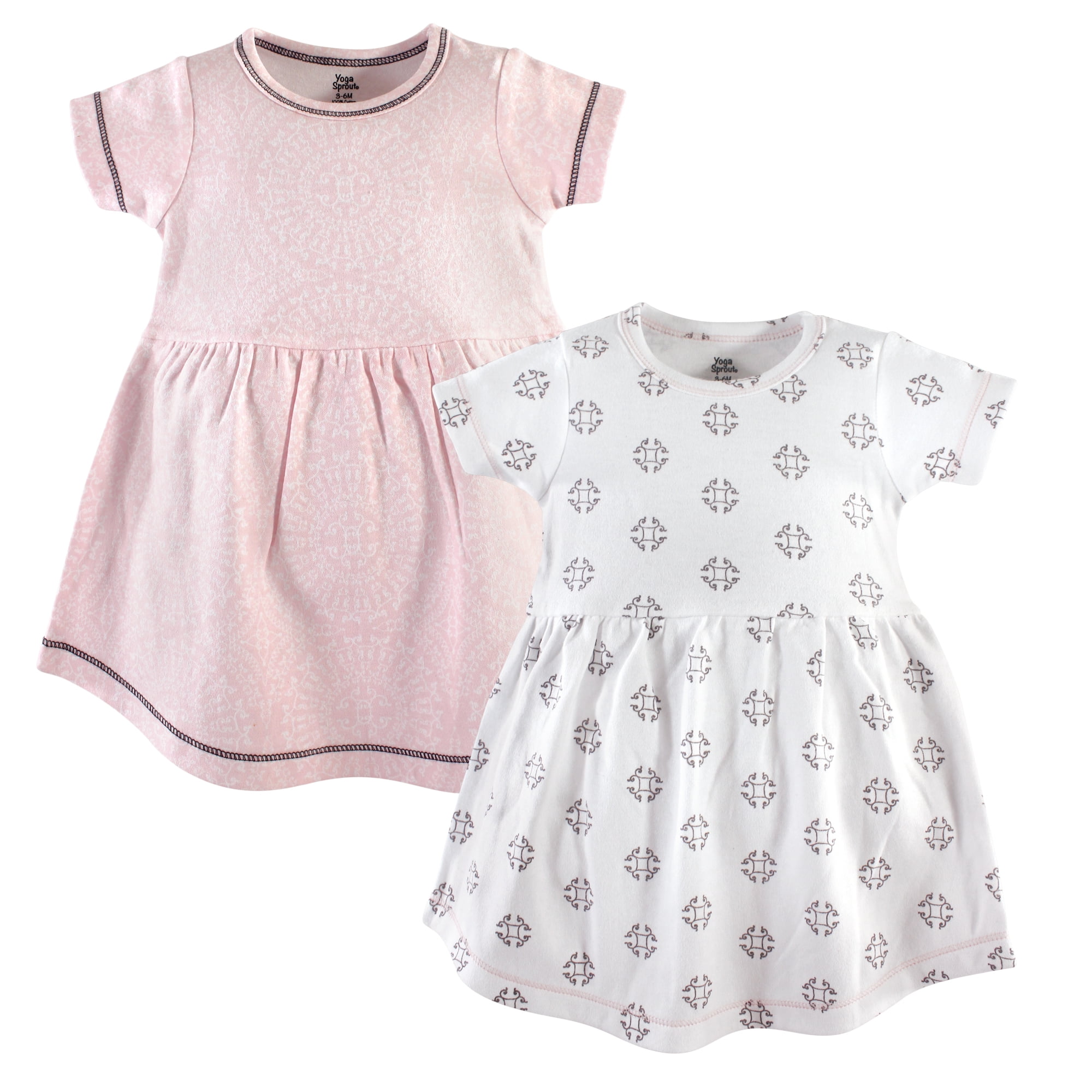 Luvable Friends Yoga Sprout Short-Sleeve Dresses 2pk, Pink Swirl, 2T