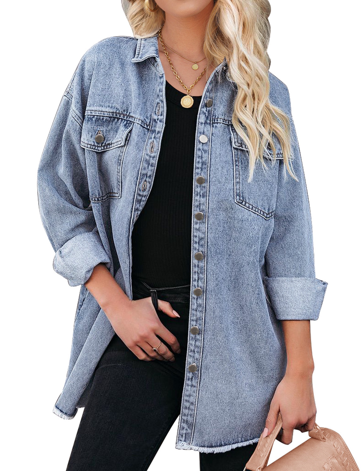 Luvamia Denim Jacket for Women Long Sleeve Boyfriend Jean Jacket Loose Coat, XL, Fit Size 16-18 - image 1 of 7