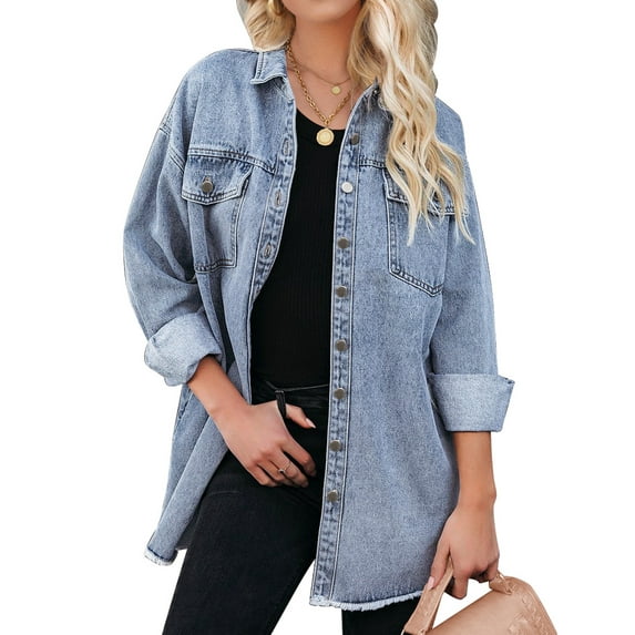 Luvamia Womens Denim Jacket Distressed Button Down Jean Shirt For Women Ripped Shacket Coat, M, Fit Size 8-10