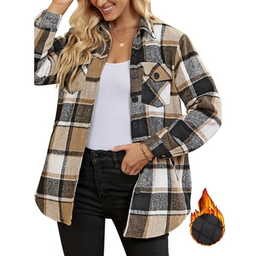 Feancey Womens Plaid Fleece Jacket Winter Fuzzy Warm Overcoat Lapel Button Down Flannel Shacket Jackets Comfy Plush Zipper Coats With Pockets White S