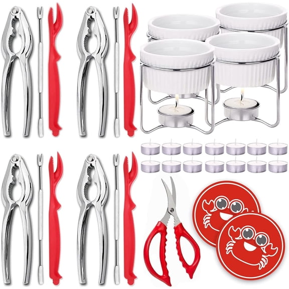 Luvan 33 Pcs Crab Crackers and Tools Set Crab Leg Crackers, Crab Forks, Lobster Shellers, Butter Warmers, 1 Seafood Scissors, 1Tealight Candles, 2 Crab Grabber-Seafood Boil Party Supply A101