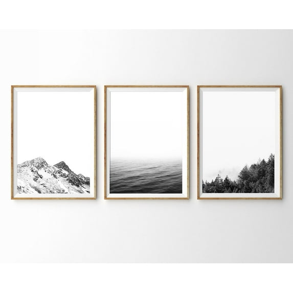 Luvia 3 Piece Black And White Nature Prints Landscape Photography Modern Nordic Decor Mountain Forest Ocean, Modern Wall Decor Set 3 Prints 8x12 UNFRAMED