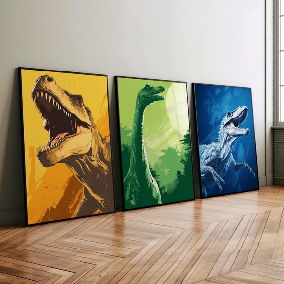 Luvia 3 Piece Different Colored Dinosaur Wall Art Poster Or Print, Boys Room Dino Collection Set, Blue Green And Yellow Colored Dinosaur, Modern Wall Decor Set 3 Prints 8x12 UNFRAMED