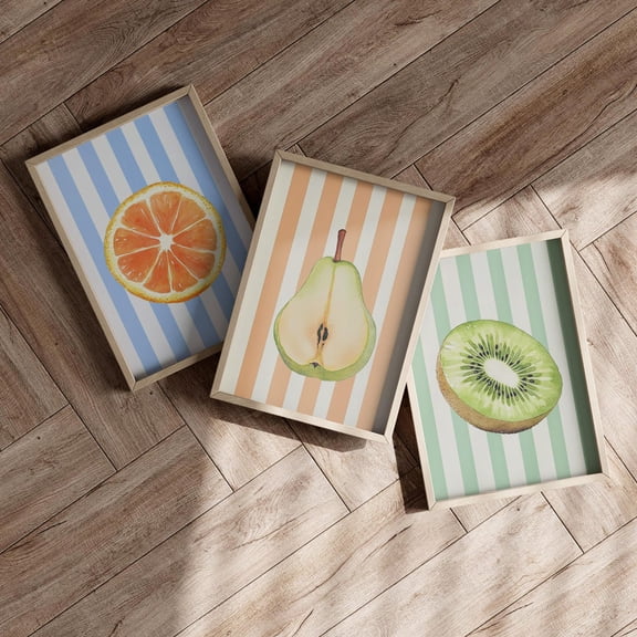 Luvia 3 Piece Set Fruits Poster Or Print, Retro Stripped Kitchen Decor, Trendy Fruit Print Set, Fruit Market Wall Art, Modern Wall Decor Set 3 Prints 8x12 UNFRAMED