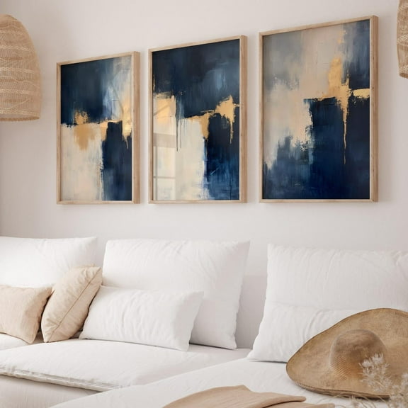 Luvia Abstract Blue Gold Poster Modern Navy Blue Golden Prints Set Of 3, Modern Wall Decor Set 3 Prints 8x12 UNFRAMED