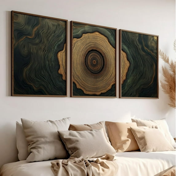 Luvia Abstract Green And Brown Tree Ring Set Of 3 Wall Art Poster Or Print, Nature-Inspired Wall Art, Abstract Wood Slice Art Home Decor, Modern Wall Decor Set 3 Prints 8x12 UNFRAMED