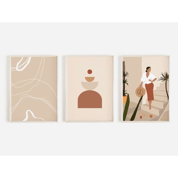 Luvia Abstract Set Of 3 Terracotta Mid Century Modern Wall Gallery Set Boho Decor Geometric Poster Set Beige Print, Modern Wall Decor Set 3 Prints 8x12 UNFRAMED