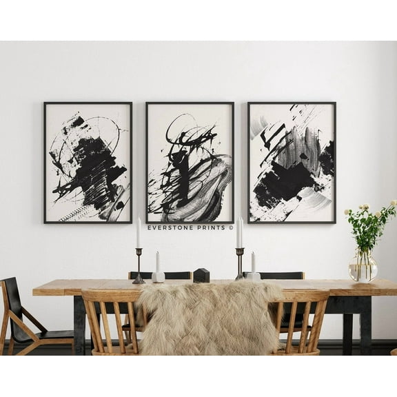 Luvia Abstract Set Of 3, Black, Minimal Brush Strokes Art, Modern Simple Neutral Art, Gallery, Modern Wall Decor Set 3 Prints 8x12 UNFRAMED