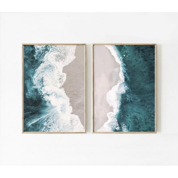 Luvia Aerial Ocean Waves Prints Set Of 2, Turquoise Ocean 2 Piece, Beach Photo Posters, Modern Wall Decor Set 2 Prints 20x30 UNFRAMED