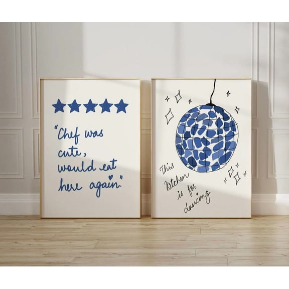 Luvia Aesthetic Kitchen Decor, Cute Cooking Art, Kitchen Print, Kitchen Poster, Trendy Blue Prints, 2 Piece, Modern Wall Decor Set 2 Prints 12x18 UNFRAMED