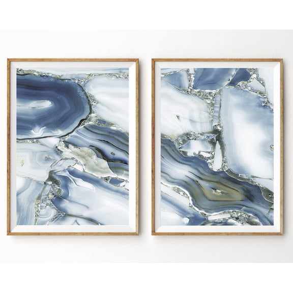 Luvia Agate Set Of 2 Prints Blue Gold Marble Abstract Office Decor Blue Art, Modern Wall Decor Set 2 Prints 20x30 UNFRAMED