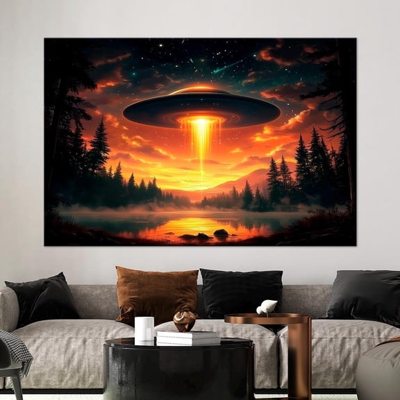 Luvia Alien Spaceship Over Forest Lake Canvas Print Atmospheric Alien Encounter Fantasy Print Ufo Decor Modern Art Apocalyptic Landscape Canvas, 8x10 UNFRAMED