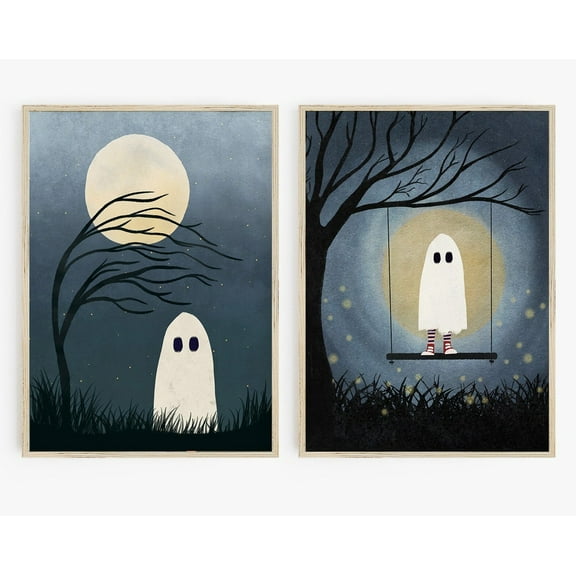 Luvia Art Set Of 2, Ghost Print, Sheet Ghost Poster Set, Cute Ghosts, Modern Wall Decor Set 2 Prints 8x12 UNFRAMED