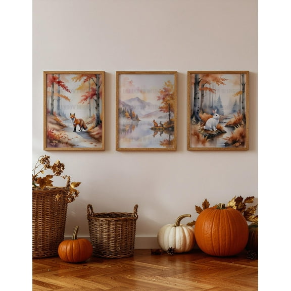 Luvia Autumn Animal Poster Set Fox & Rabbit Wall Art, Fall Forest Nature Prints, Cozy Rustic Wall Decor Set 3 Prints 20x30 UNFRAMED