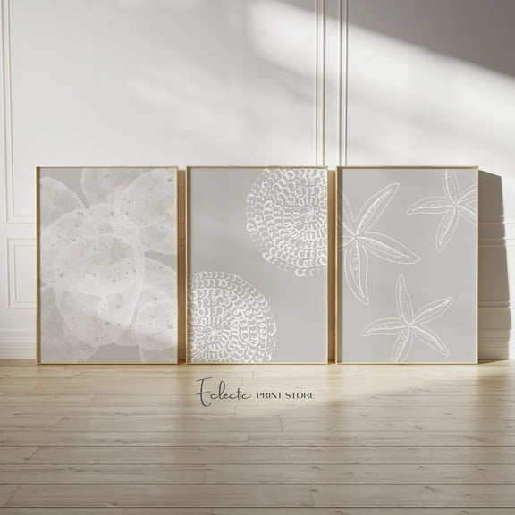 Luvia Beach House Decor Set Of 3 Beige Prints Neutral Coastal Seastar Coral Summer Gallery, Modern Wall Decor Set 3 Prints 8x12 UNFRAMED