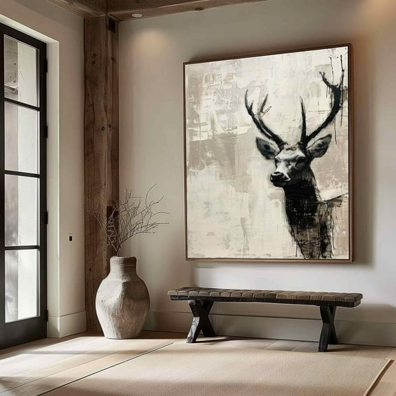 Luvia Beige Deer Abstract Beige Wabi-Sabi Wall Art Black Beige Abstract Medieval Black Deer Black Minimalist Wall Decor, 12x18 UNFRAMED