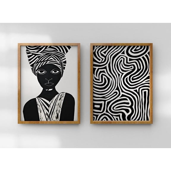 Luvia Black And White Abstract Art | African Woman | Living Room Art | Set Of 2 Print, Modern Wall Decor Set 2 Prints 16x24 UNFRAMED