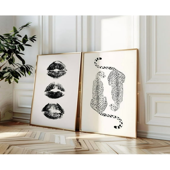 Luvia Black And White Cheetah Trendy Gallery Wall Set Of 2 Art Prints Girly Apartment Decor Dorm Kiss Lips, Modern Wall Decor Set 2 Prints 8x12 UNFRAMED