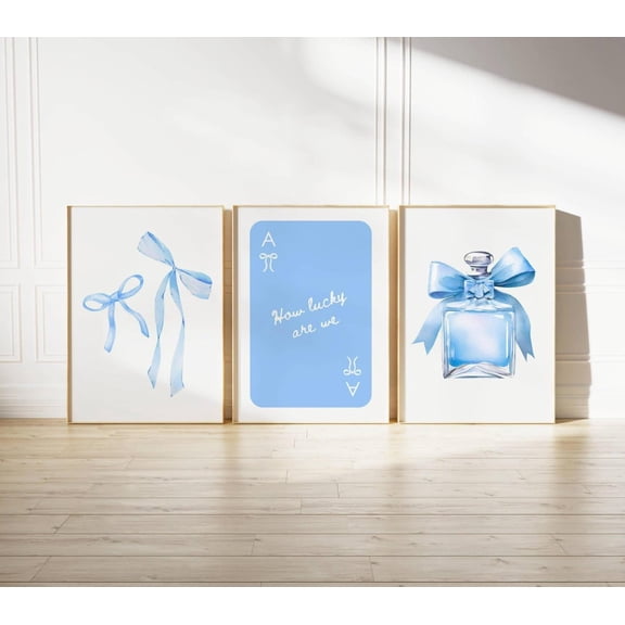 Luvia Blue Bows Prints Coquette College Apartment Girly Prints Set Of 3 Dorm Blue Trendy Posters, Modern Wall Decor Set 3 Prints 8x12 UNFRAMED