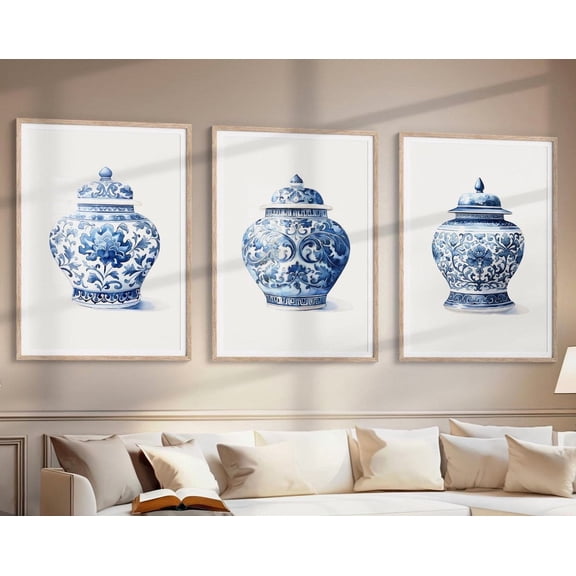 Luvia Blue Chinoiserie Ginger Jar Set Of 3 Prints, Porcelain Vase, Classic Blue And White Decor, Vintage Blue Floral Print, Delft Blue, Modern Wall Decor Set 3 Prints 20x30 UNFRAMED